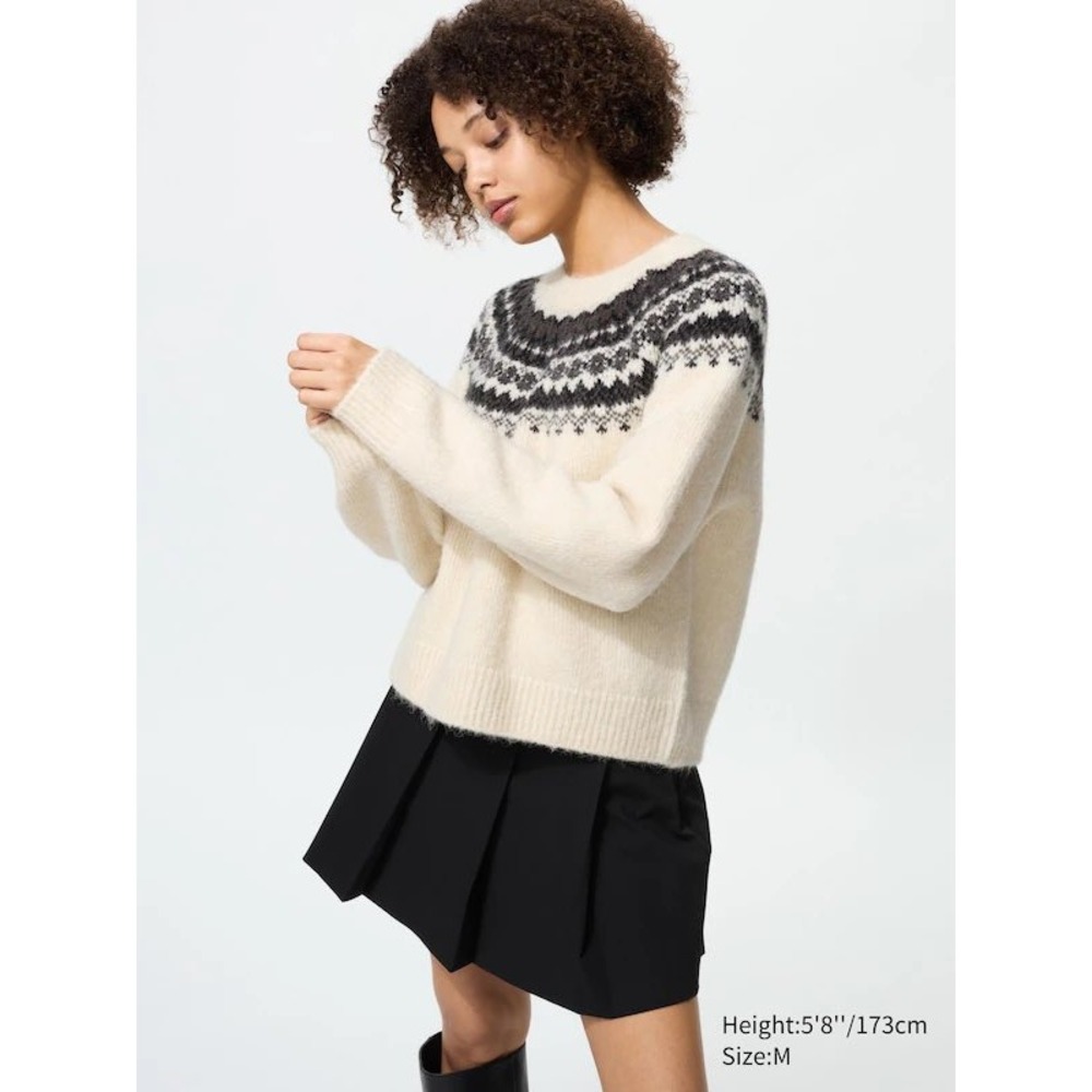 Uniqlo Womens Wool Fluffy Fair Isle Sweater XS Cream Nordic Long Sleeve Knit